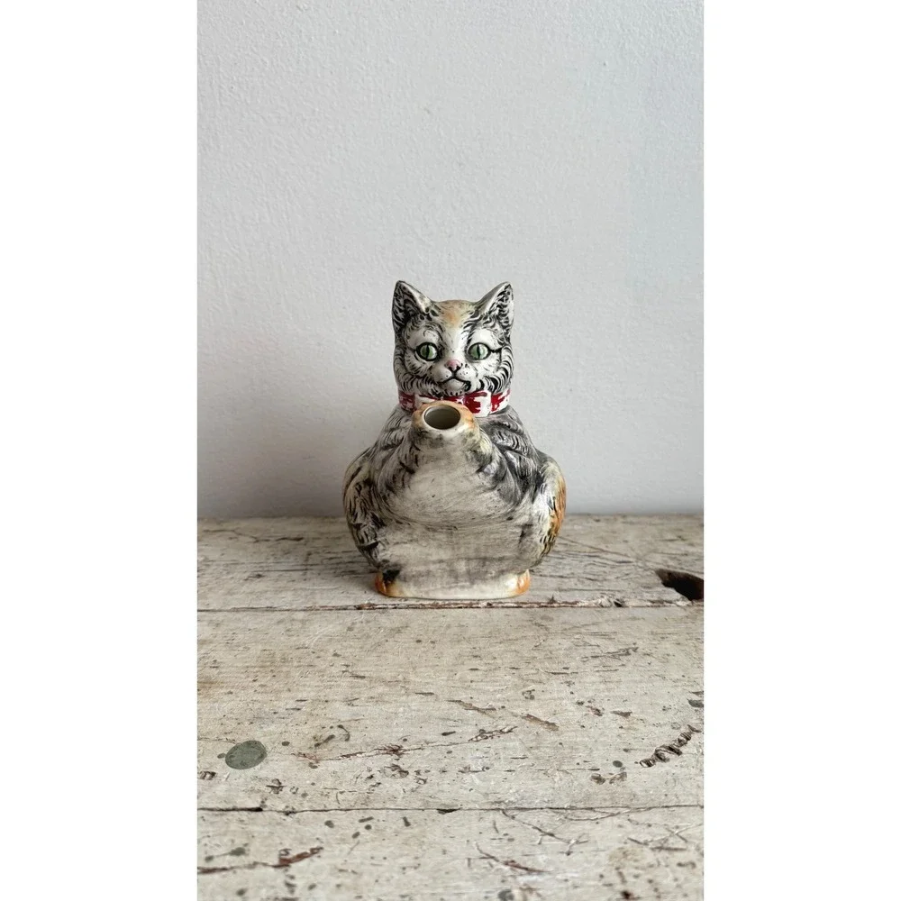 Vintage Japanese Hand Painted Ceramic Cat Teapot Grey Tabby Red Collar